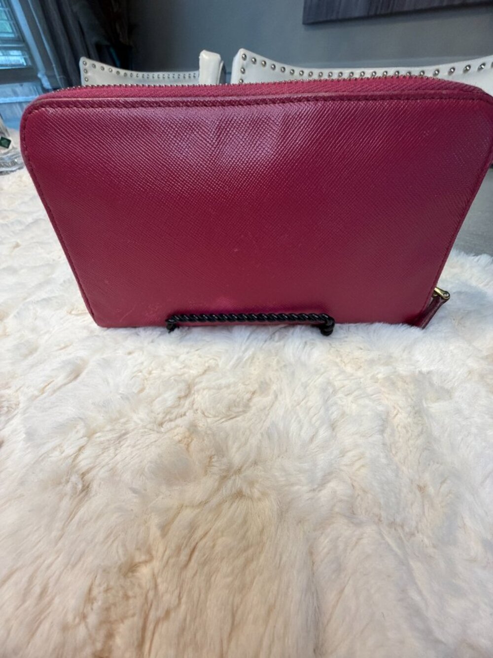 Prada Saffiano Leather Zip Around Wallet Pink Raspberry Gold Logo - Picture 2 of 12